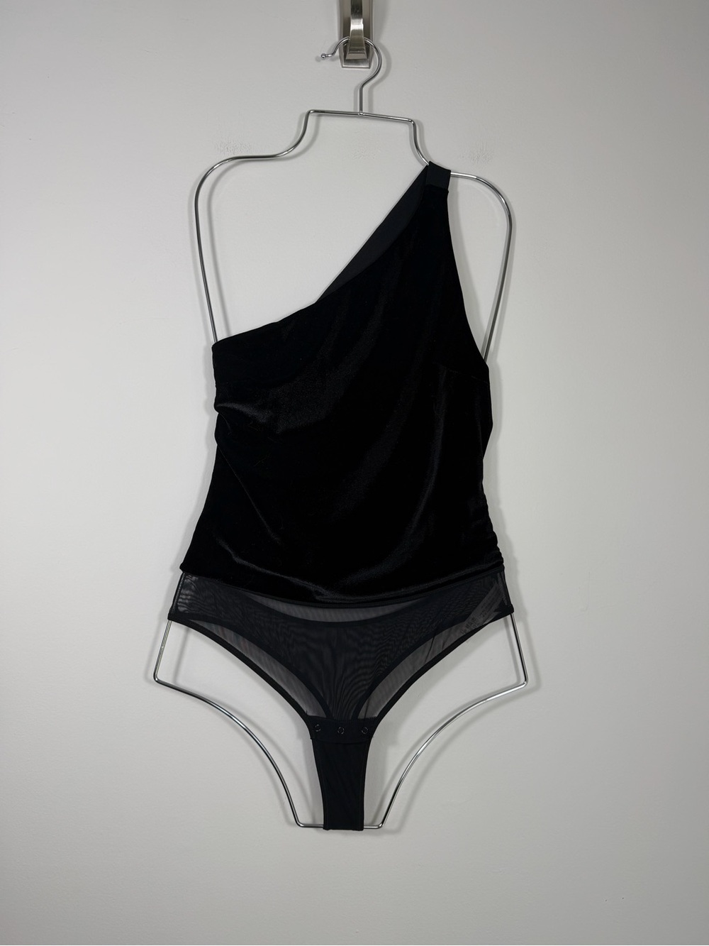Undress Code Black Velvet One Shoulder Bodysuit Mesh Bottom Size M